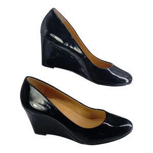 J Crew Sylvia Black Patent Leather Almond Toe Wedges Womens Size 8